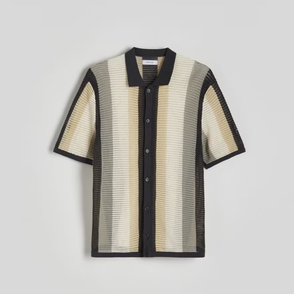 Bershka Gray Striped Knitted Short-Sleeve Shirt